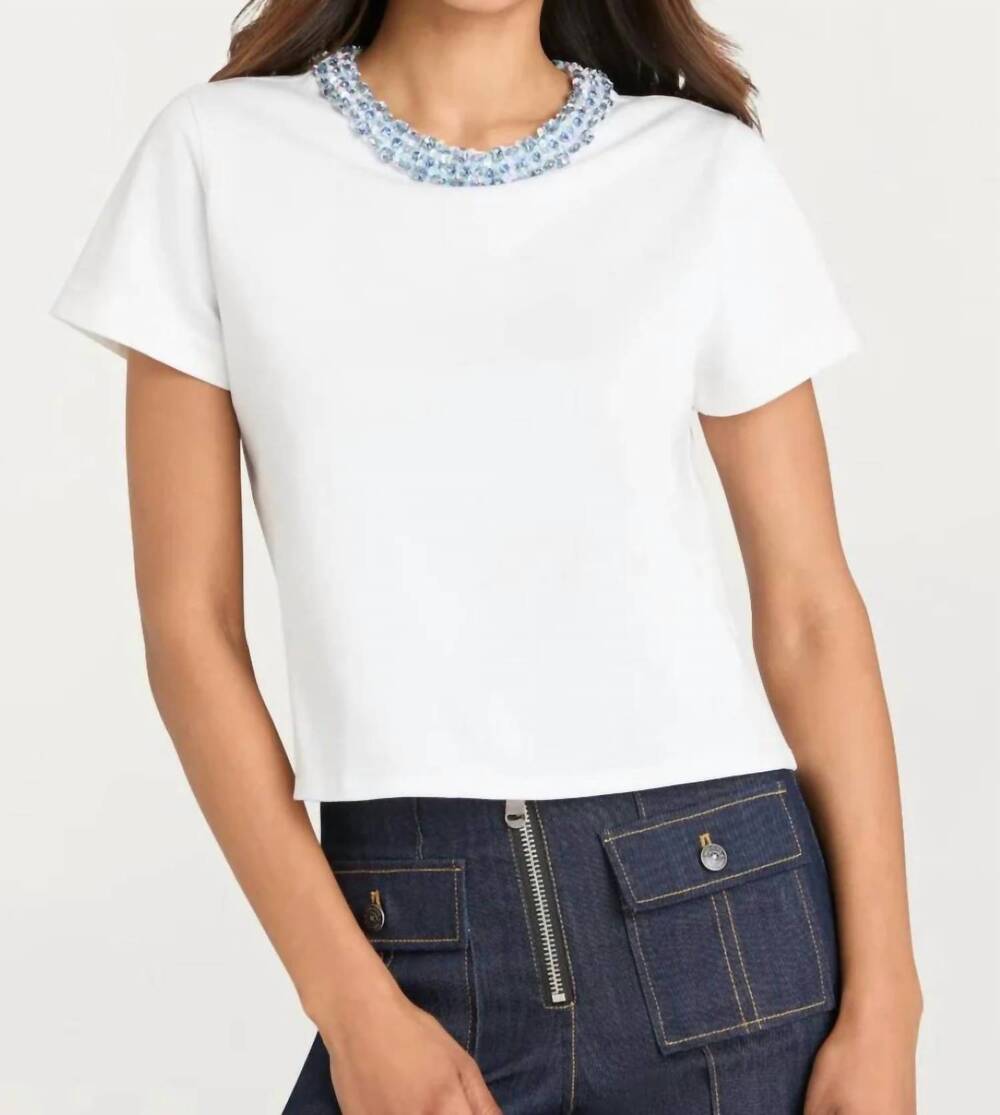 NEW CINQ A SEPT rhinestone border shrunken tee in white bluebell
